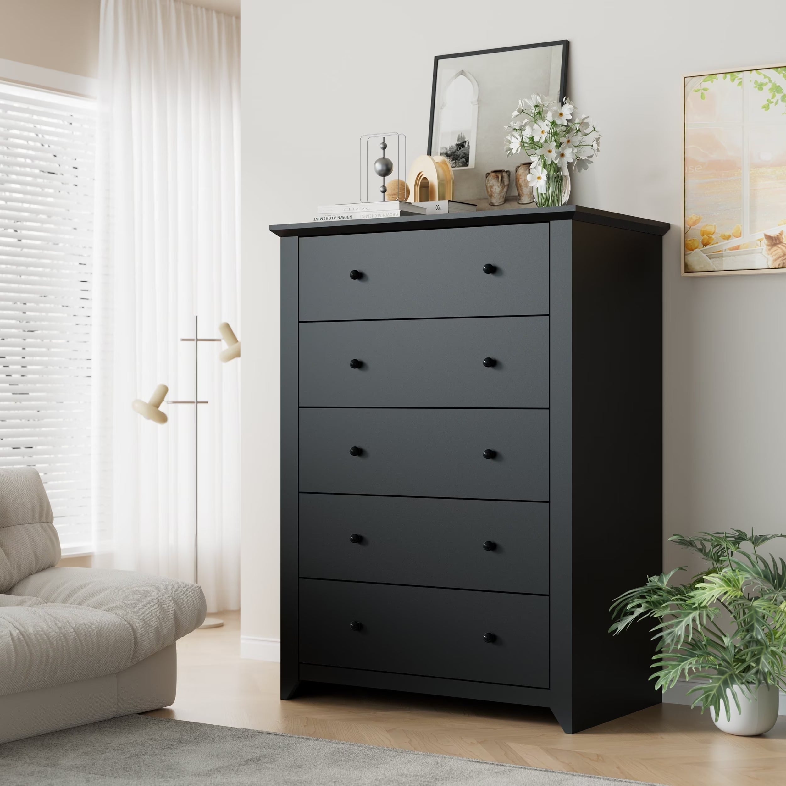 Black Dresser for Bedroom with 5 Drawers 47" Tall Chest of Drawers
