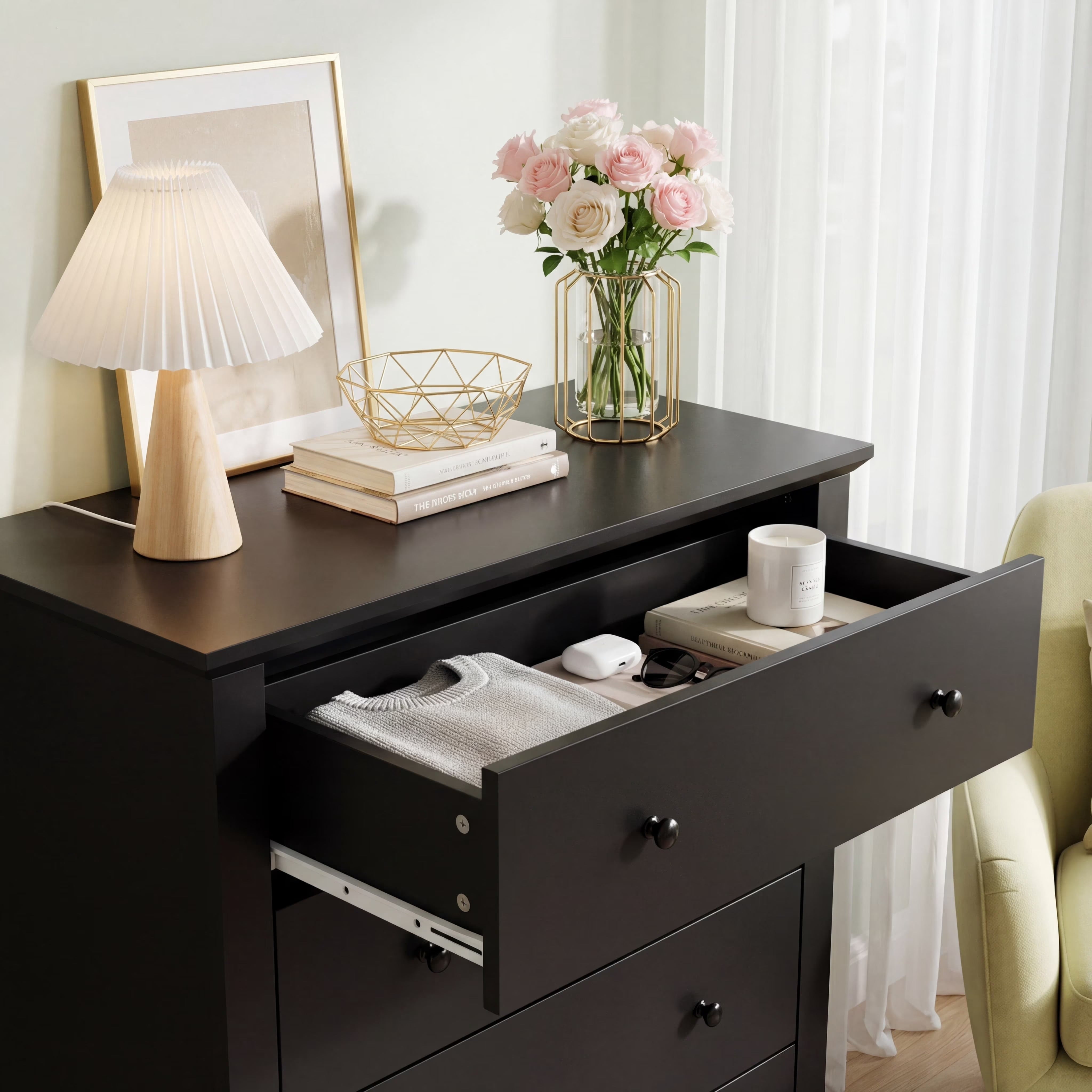 Black Dresser for Bedroom with 5 Drawers 47" Tall Chest of Drawers