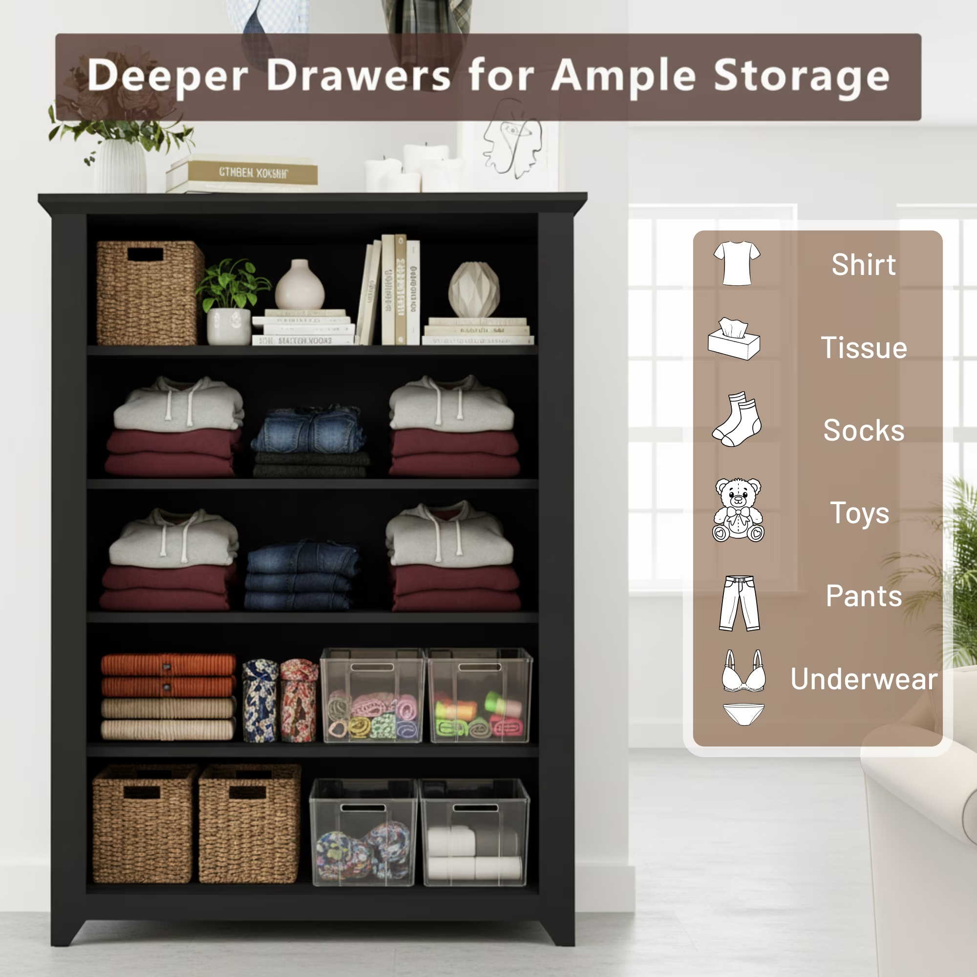 Black Dresser for Bedroom with 5 Drawers 47" Tall Chest of Drawers