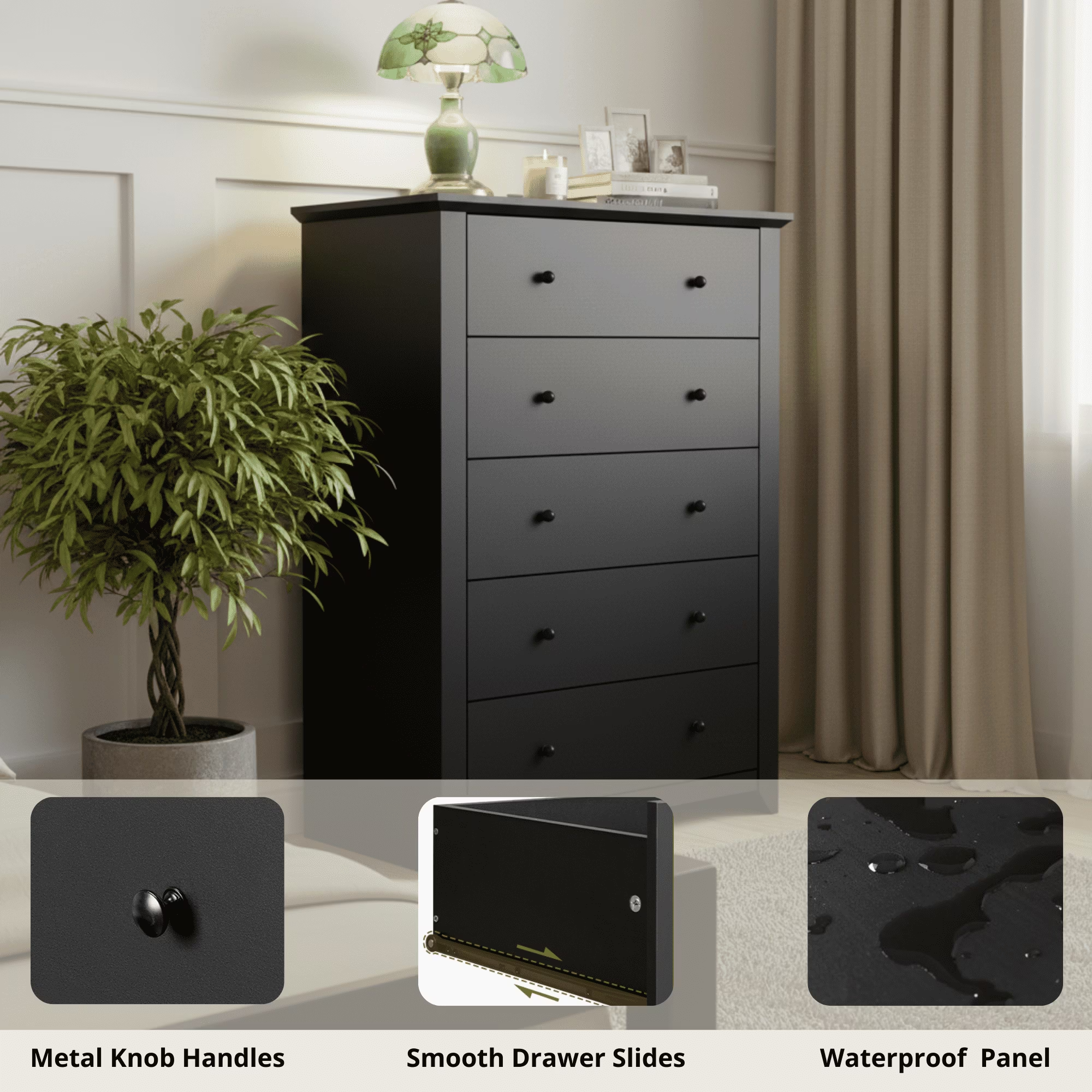 Black Dresser for Bedroom with 5 Drawers 47" Tall Chest of Drawers