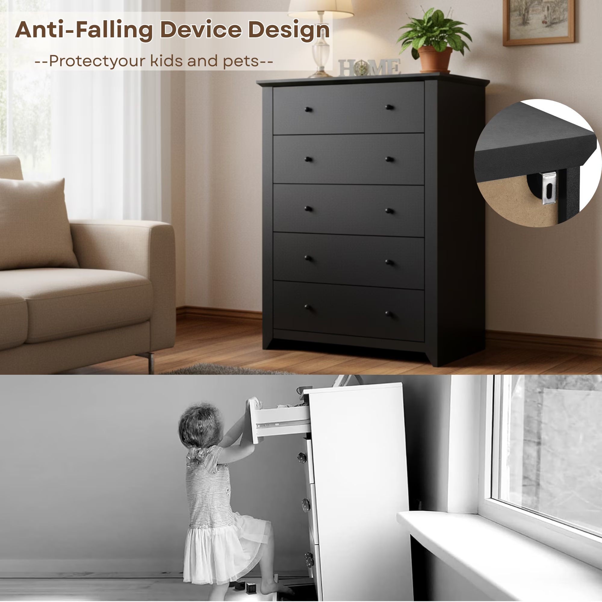 Black Dresser for Bedroom with 5 Drawers 47" Tall Chest of Drawers