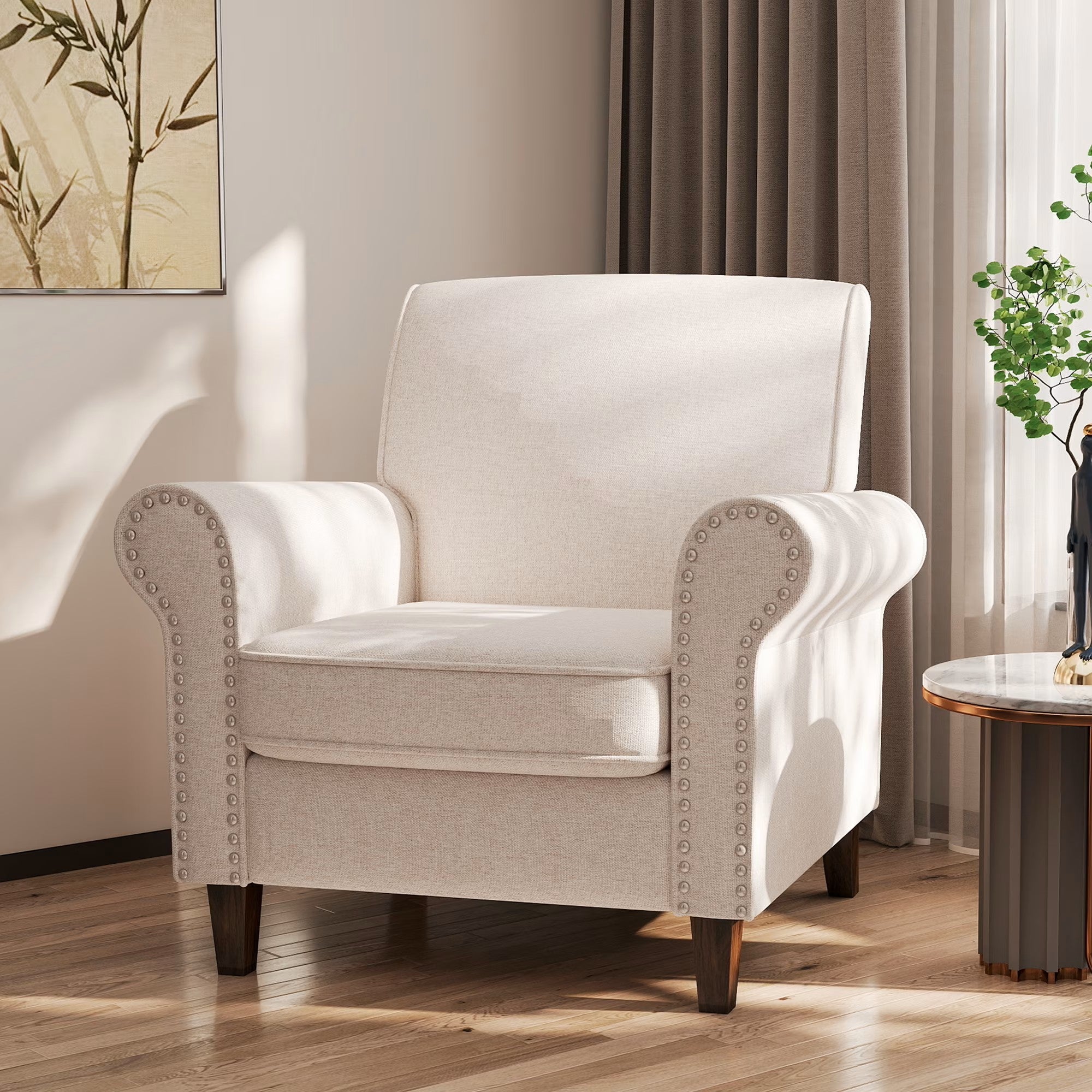 Linen Accent Chairs Upholstered Armchair Beige