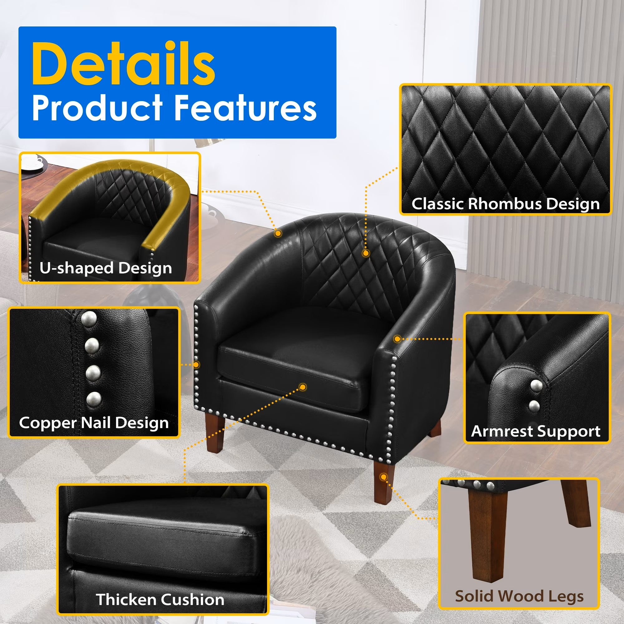 Faux Leather Barrel Chair Modern Tub Club ChairBlack