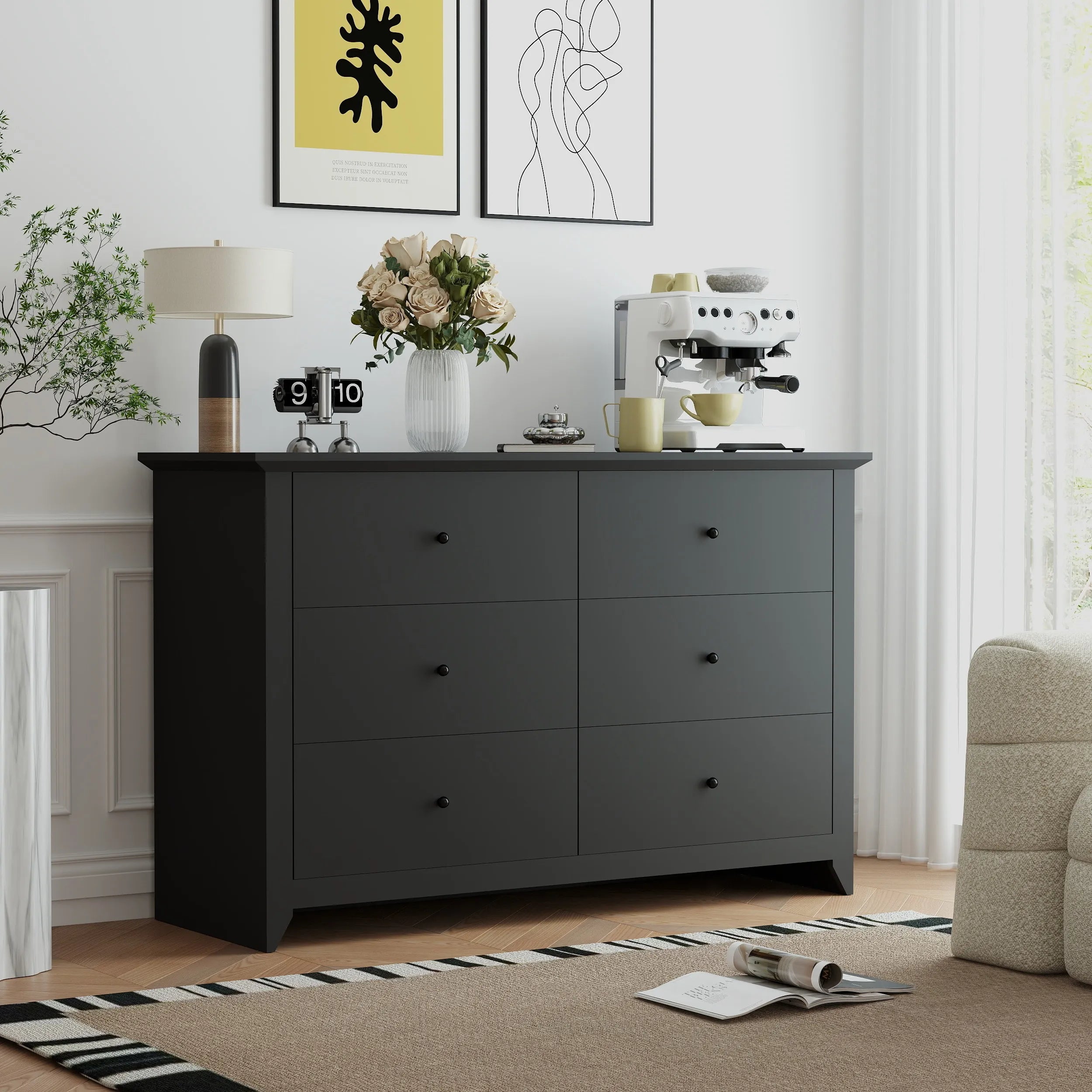 TrumanPick Black Dresser for Bedroom 6 Drawer Double Dresser Wood Wide Chest of Drawers for Living Room Hallway 47"L x 17"W x 33"H