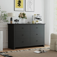 TrumanPick Black Dresser for Bedroom 6 Drawer Double Dresser Wood Wide Chest of Drawers for Living Room Hallway 47"L x 17"W x 33"H