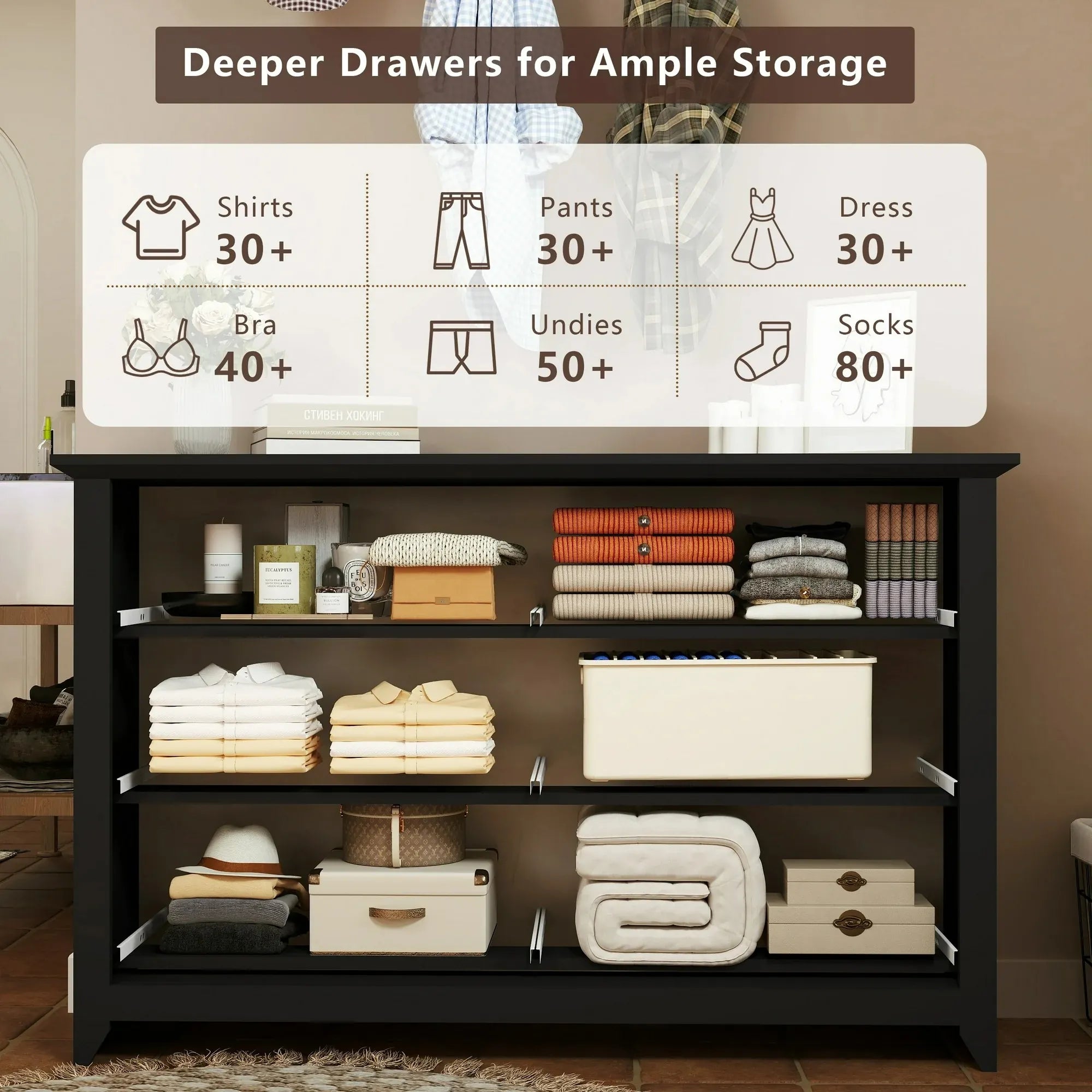 TrumanPick Black Dresser for Bedroom 6 Drawer Double Dresser Wood Wide Chest of Drawers for Living Room Hallway 47"L x 17"W x 33"H