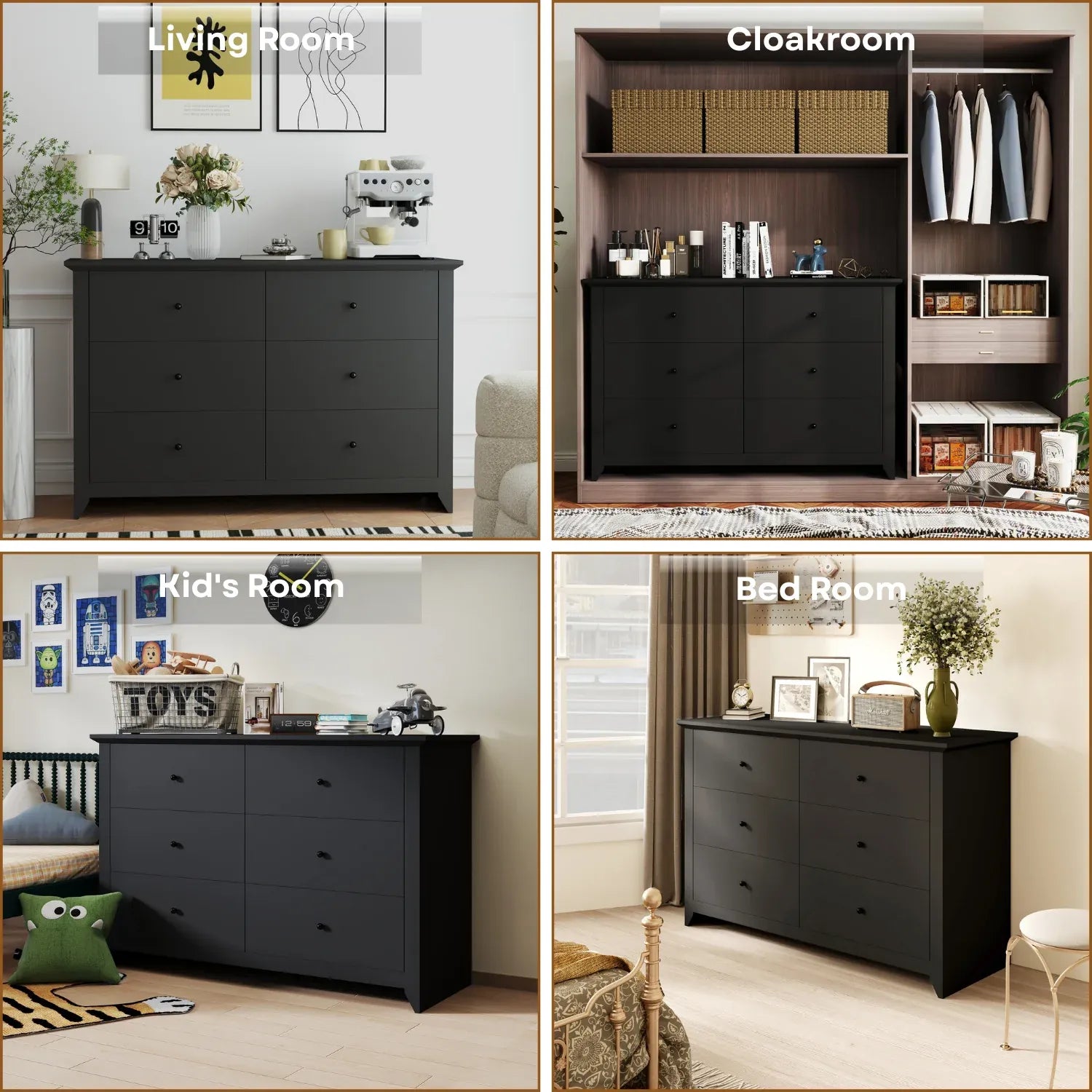 TrumanPick Black Dresser for Bedroom 6 Drawer Double Dresser Wood Wide Chest of Drawers for Living Room Hallway 47"L x 17"W x 33"H