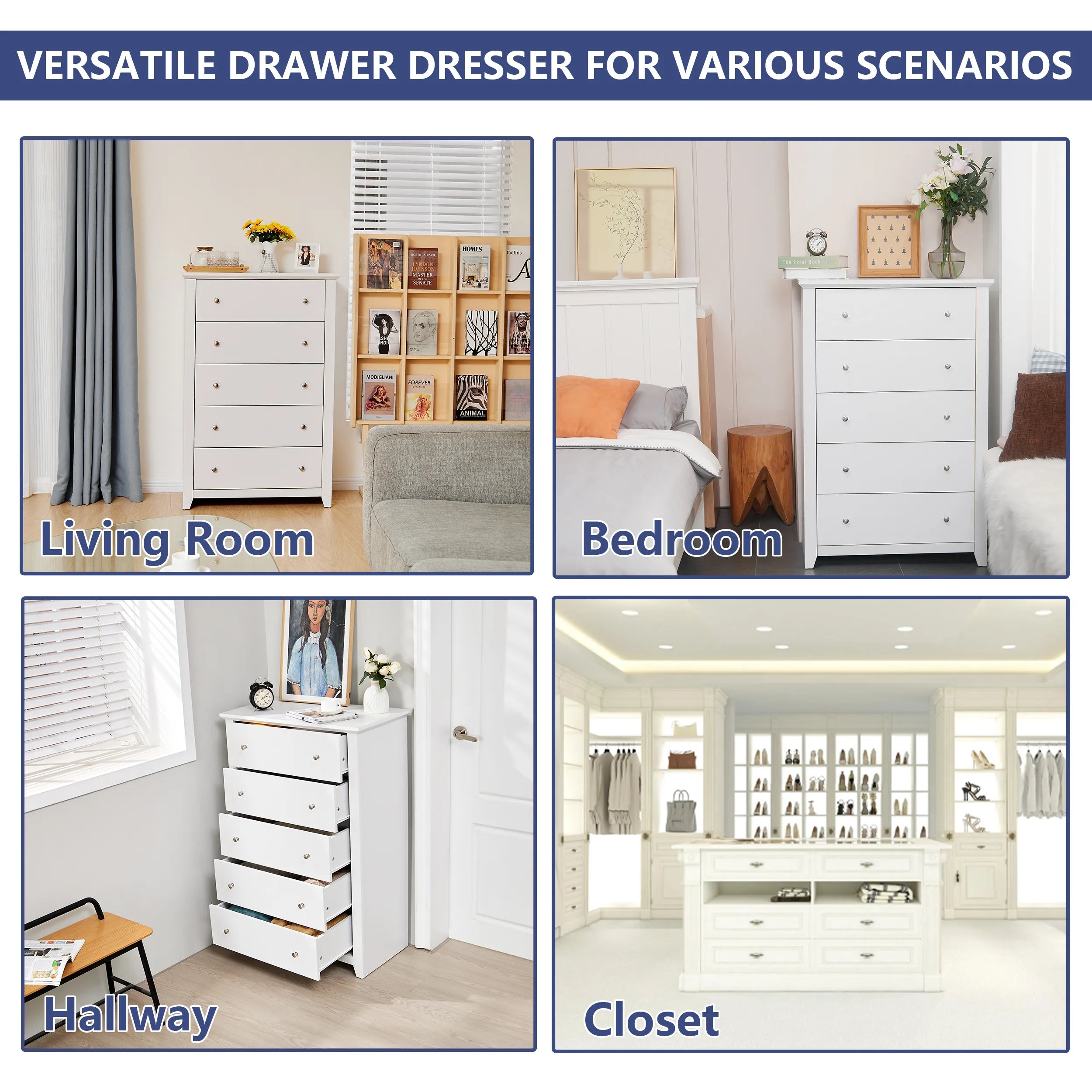TrumanPick White Dresser for Bedroom, Tall Chest of Drawers for Living Room, Wooden Dressers 31.2"W x 17"D x 47"H for Nursery Hallway Closet