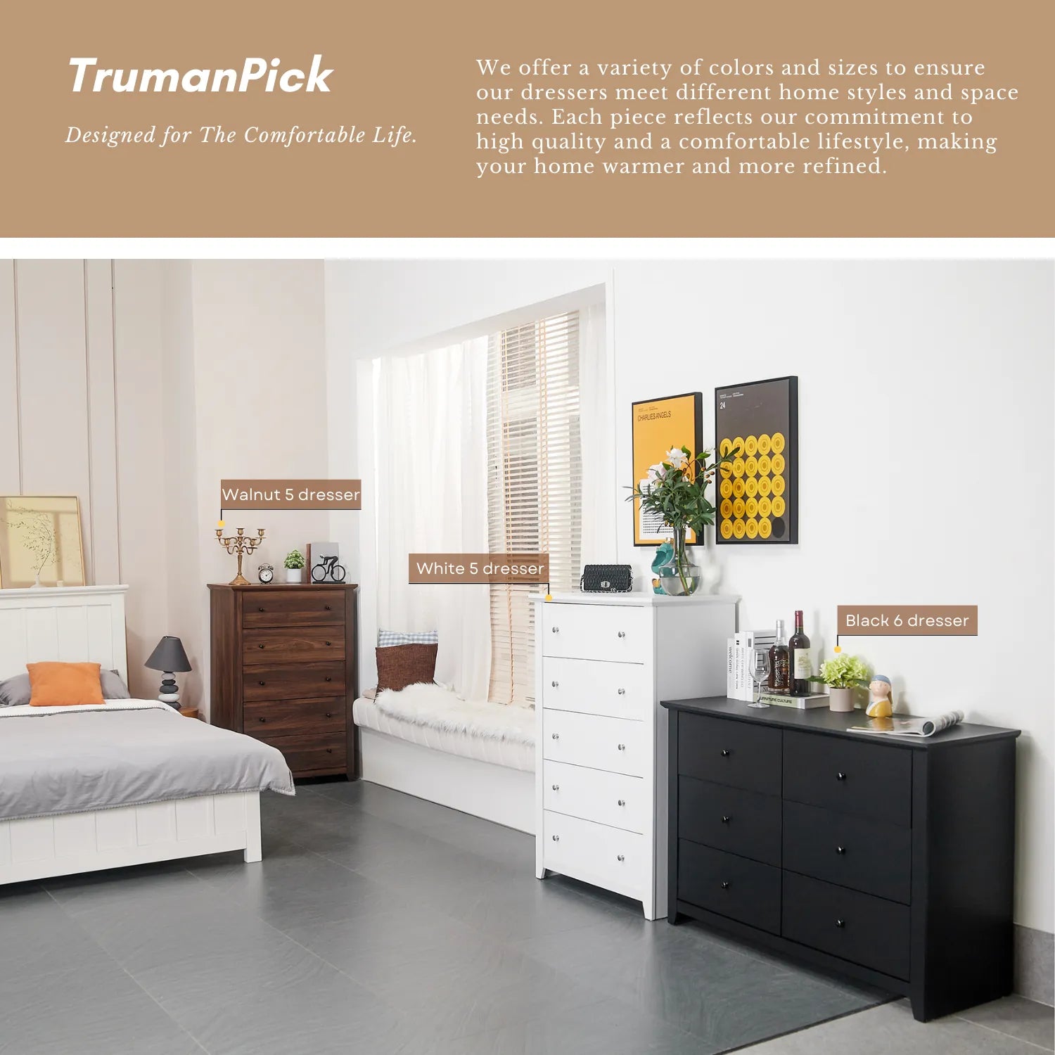 TrumanPick Black Dresser for Bedroom 6 Drawer Double Dresser Wood Wide Chest of Drawers for Living Room Hallway 47"L x 17"W x 33"H