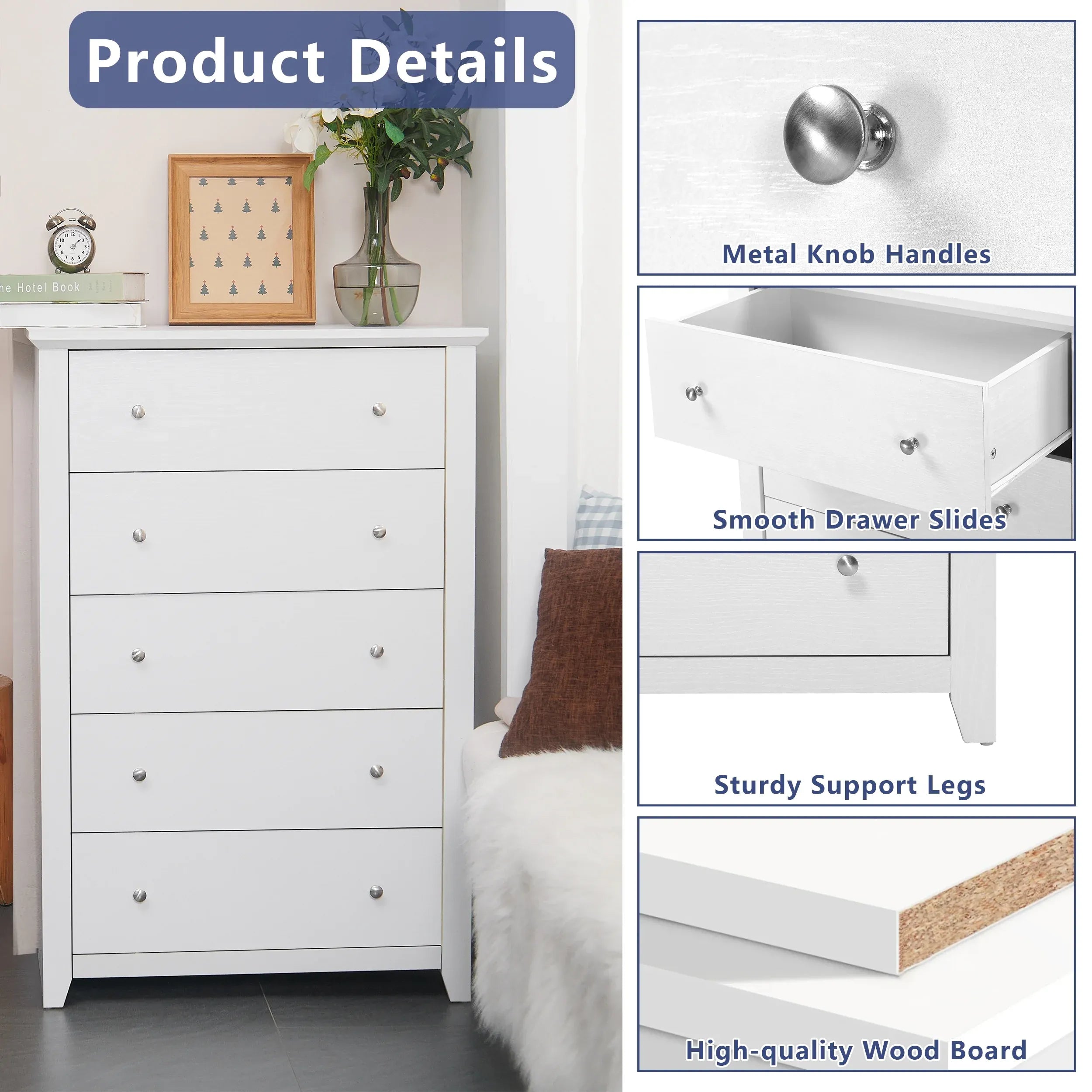 TrumanPick White Dresser for Bedroom, Tall Chest of Drawers for Living Room, Wooden Dressers 31.2"W x 17"D x 47"H for Nursery Hallway Closet
