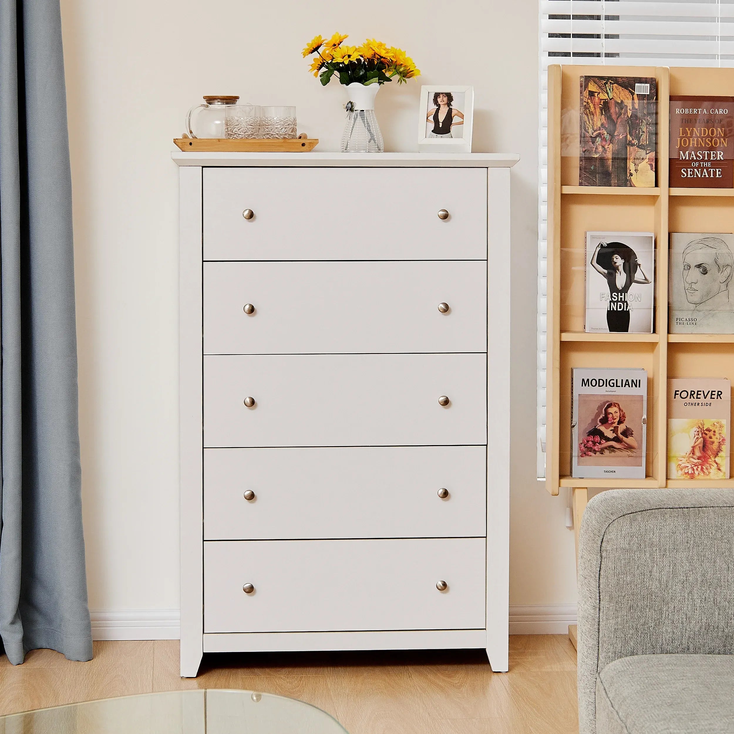 TrumanPick White Dresser for Bedroom, Tall Chest of Drawers for Living Room, Wooden Dressers 31.2"W x 17"D x 47"H for Nursery Hallway Closet